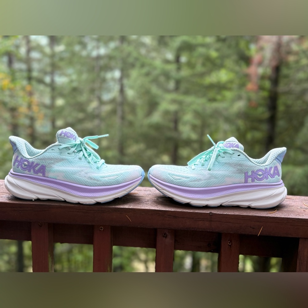 Hoka Light Green and Lavender Athletic Shoes